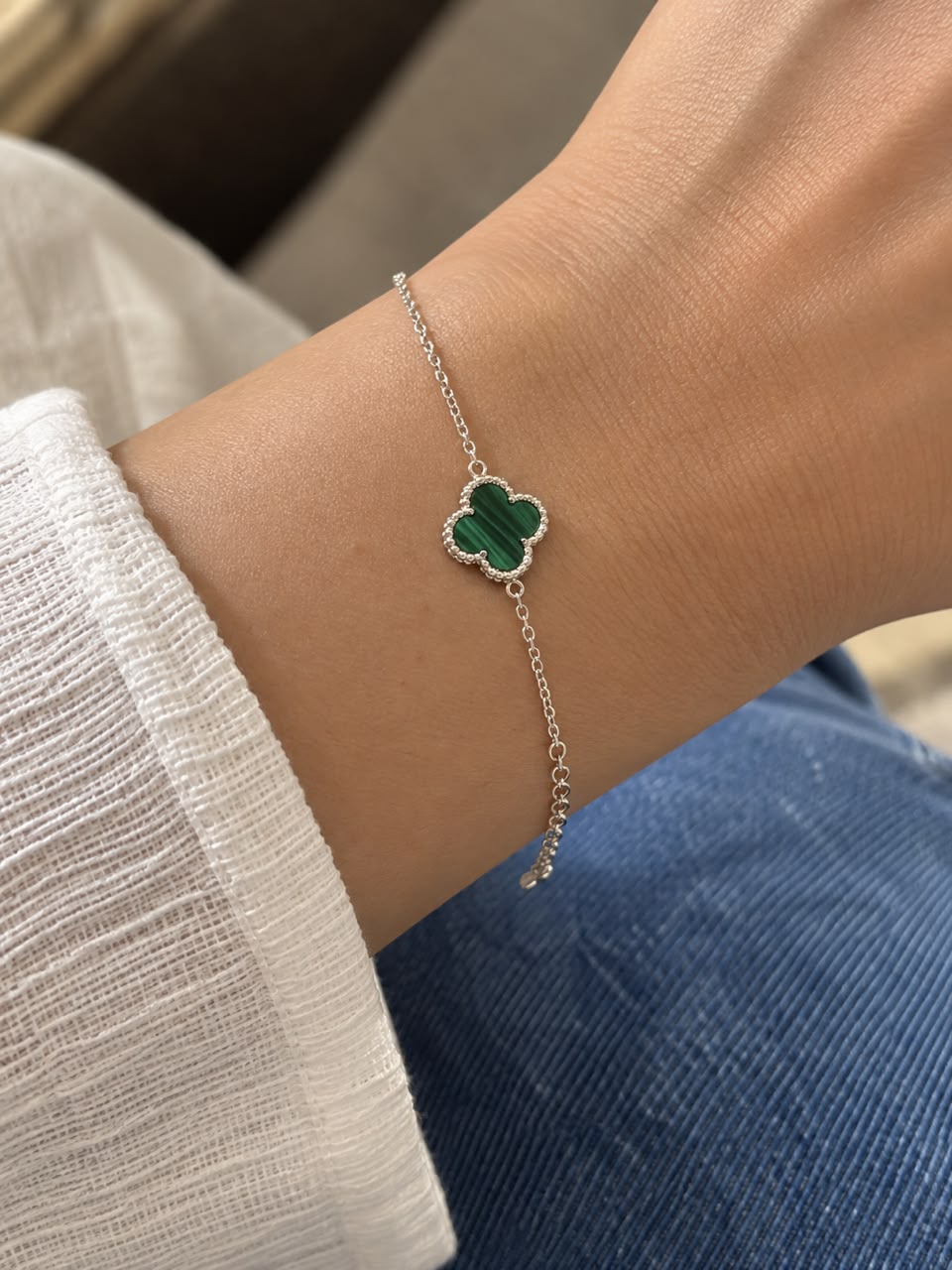 Verdant Malachite Clover Single Motif Chain Bracelet