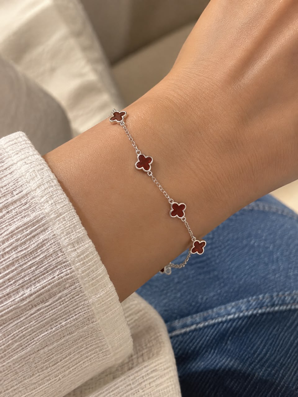 Aura Carnelian Red Multi-Clover Station Bracelet